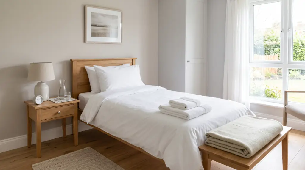 Care home bedroom with a made bed in white linen and folded towels