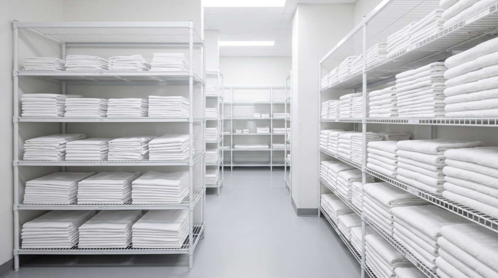 Clinical linen store with racks of neatly folded white linen